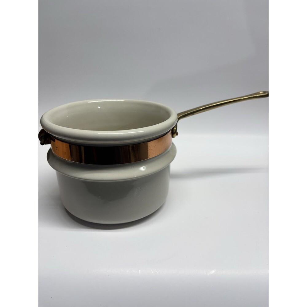 Vintage Metalitol Portugal Ceramic Saucepan Copper Band Brass Handle MCM Pot
